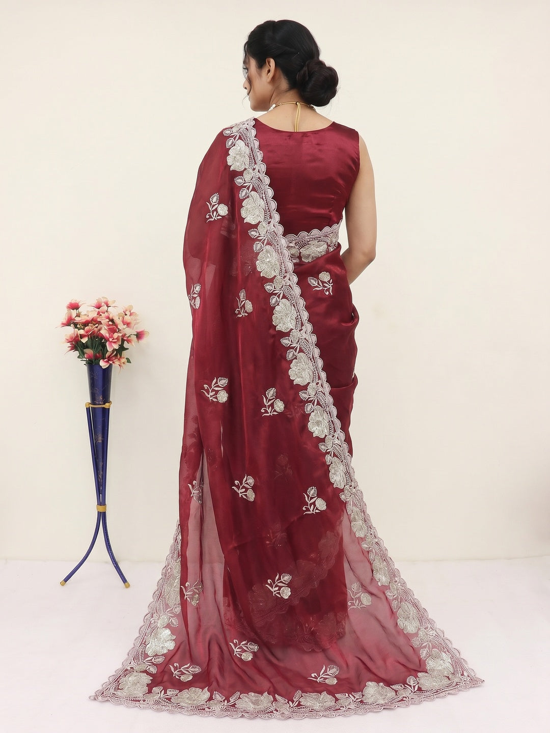 Maroon Floral Embroidered Satin Saree - Image 2