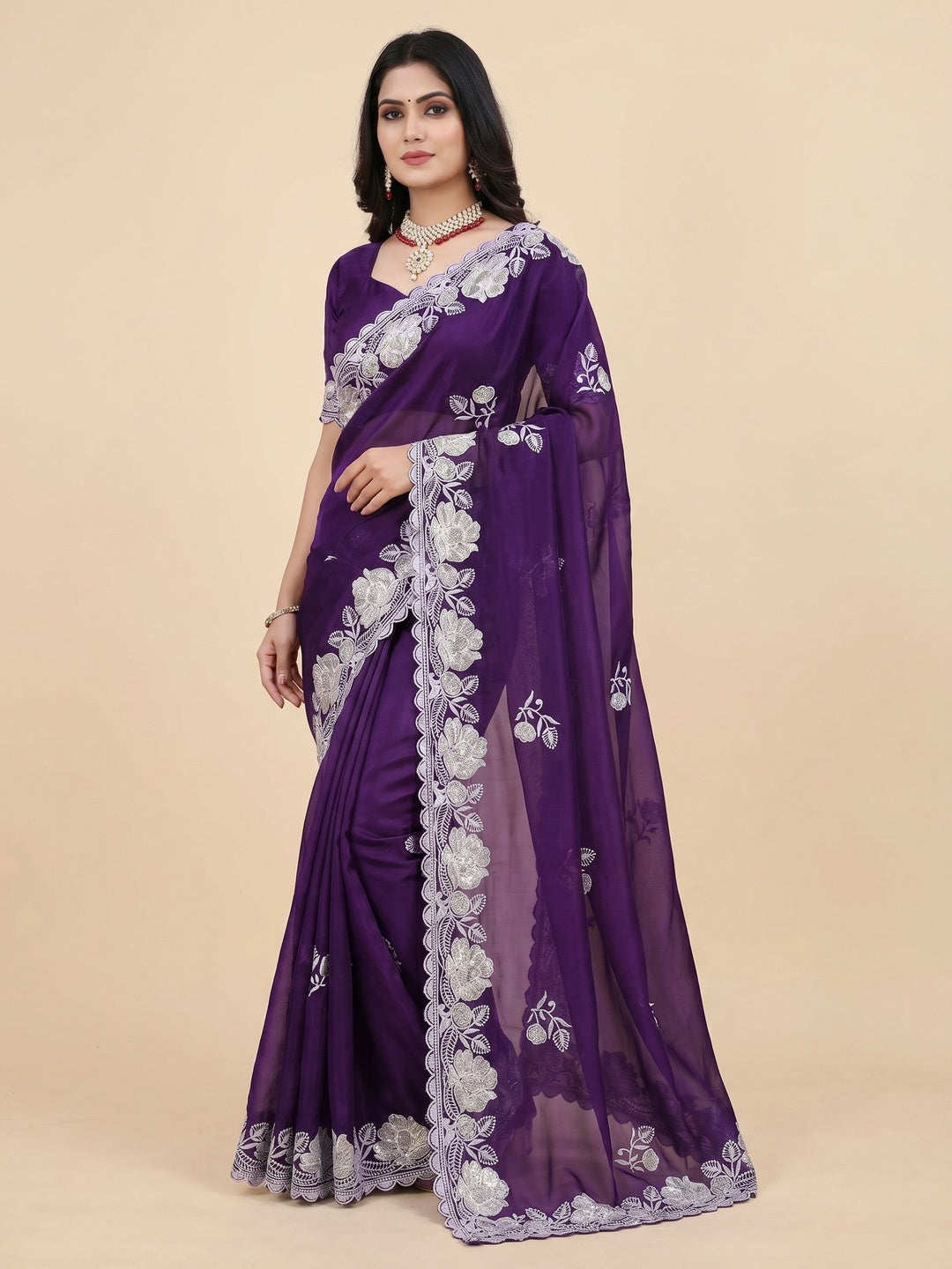 Purple Floral Embroidered Satin Saree - Image 1
