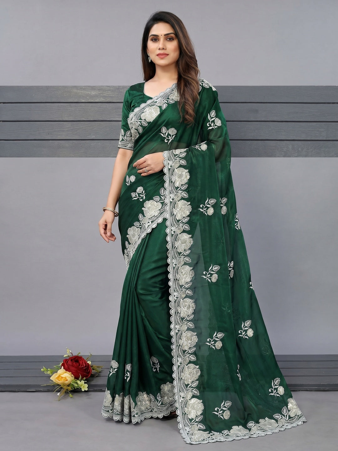 Green Floral Embroidered Satin Saree - Image 1