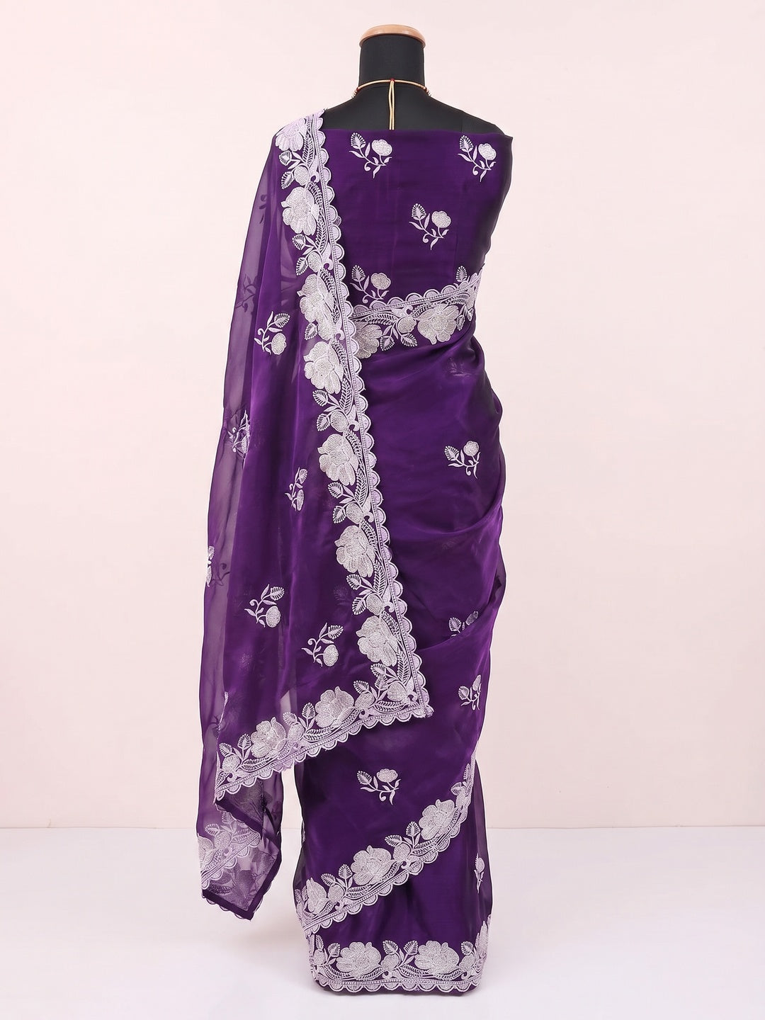 Purple Floral Embroidered Satin Saree - Image 2