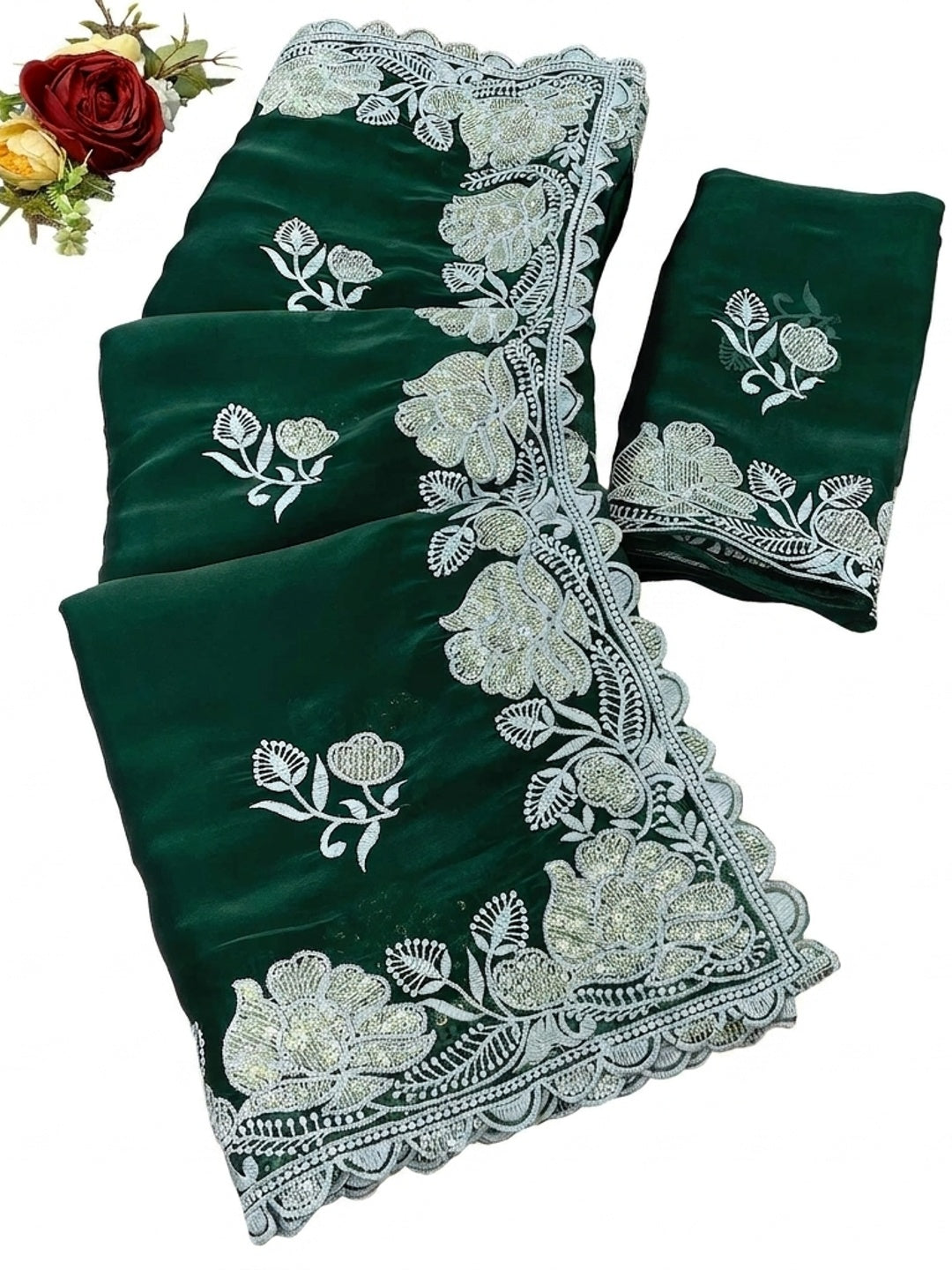 Green Floral Embroidered Satin Saree - Image 4