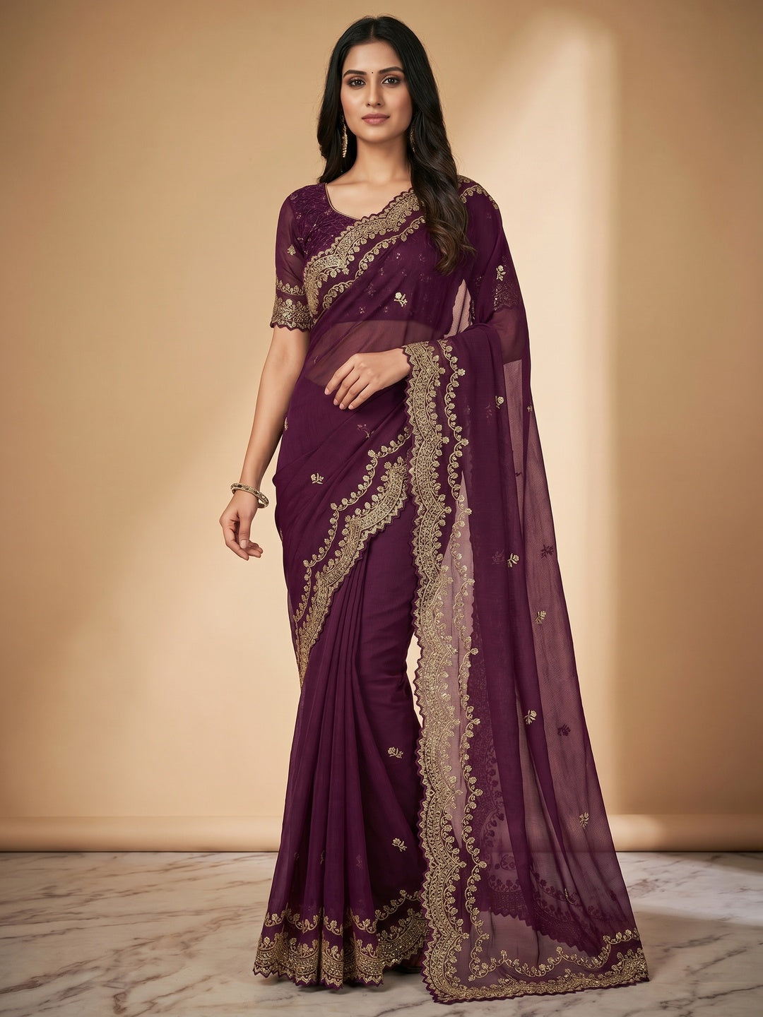 Wine Embroidered Chiffon Saree - Image 1