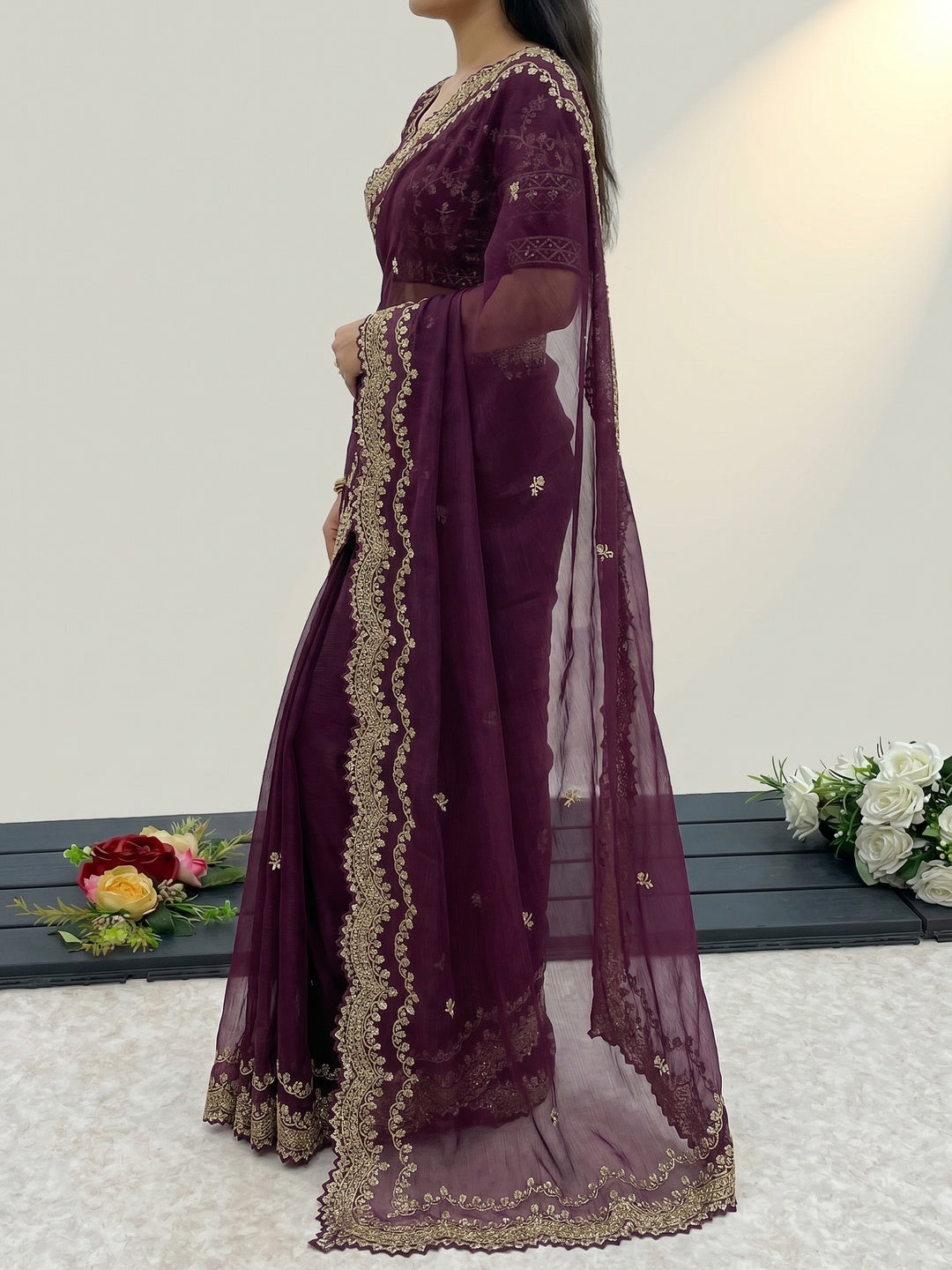 Wine Embroidered Chiffon Saree - Image 2