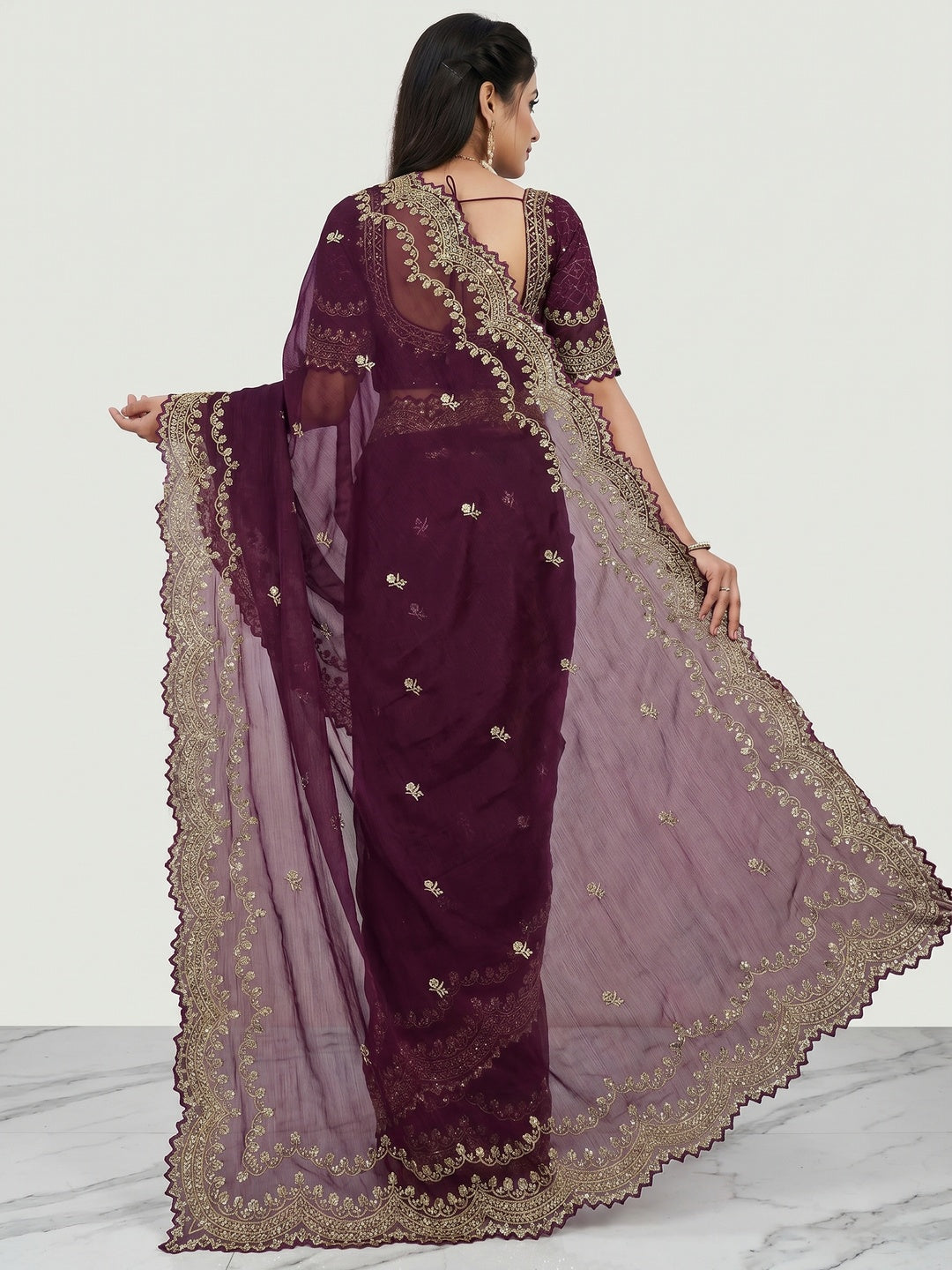 Wine Embroidered Chiffon Saree - Image 3