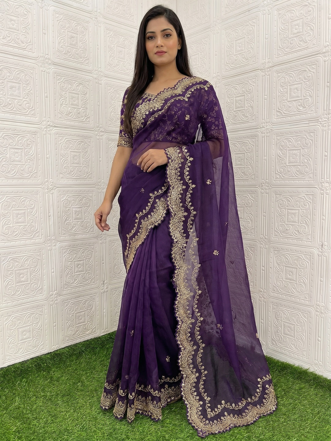 Purple Embroidered Chiffon Saree - Image 1