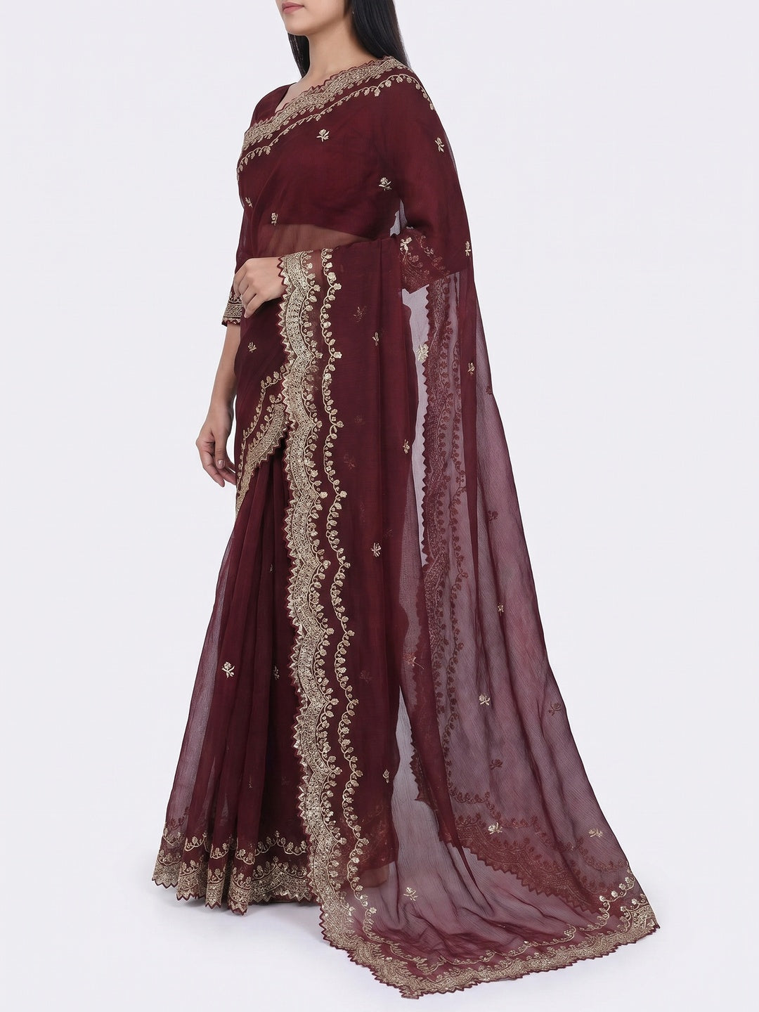 Maroon Embroidered Chiffon Saree - Image 2
