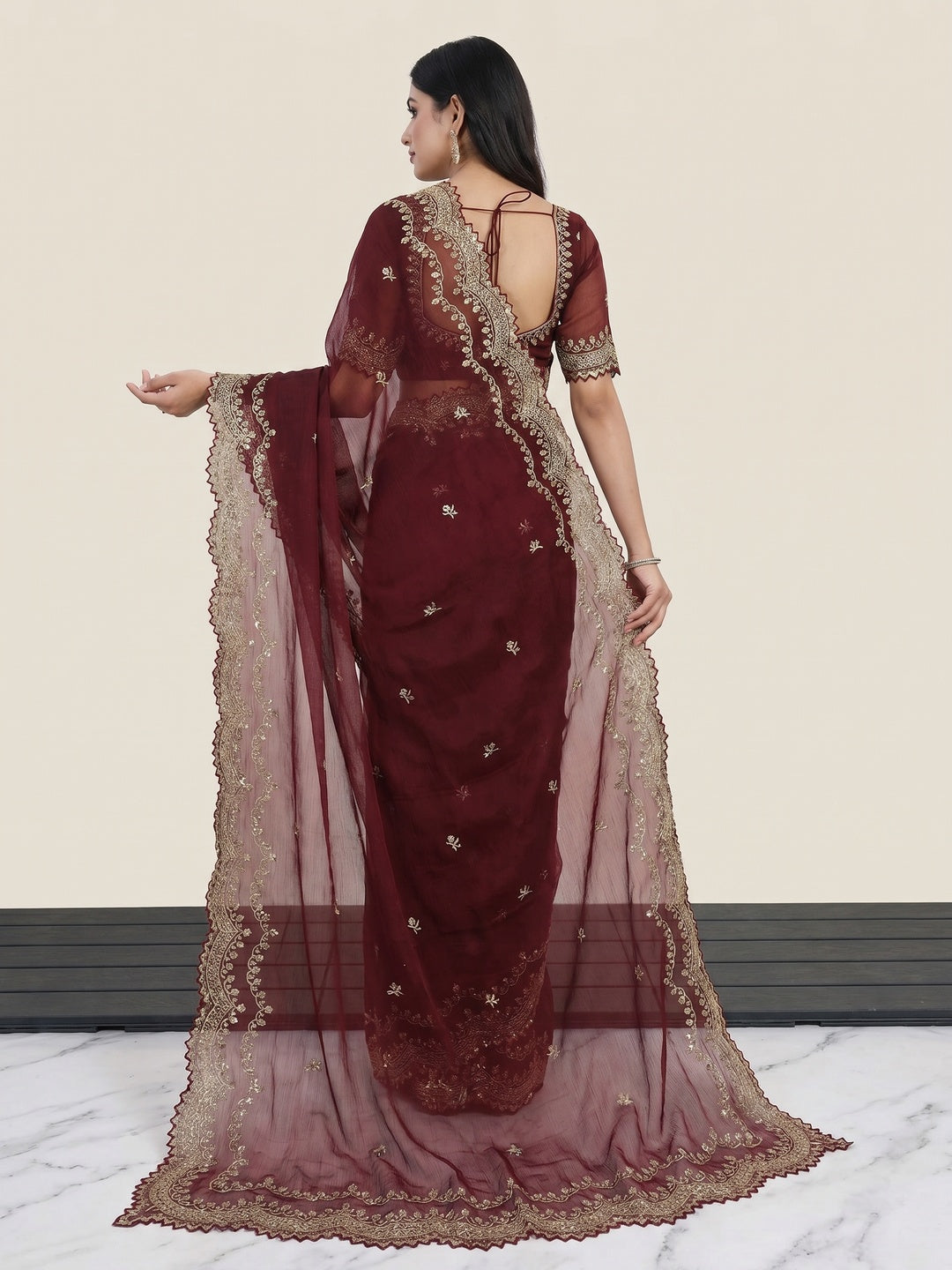 Maroon Embroidered Chiffon Saree - Image 3