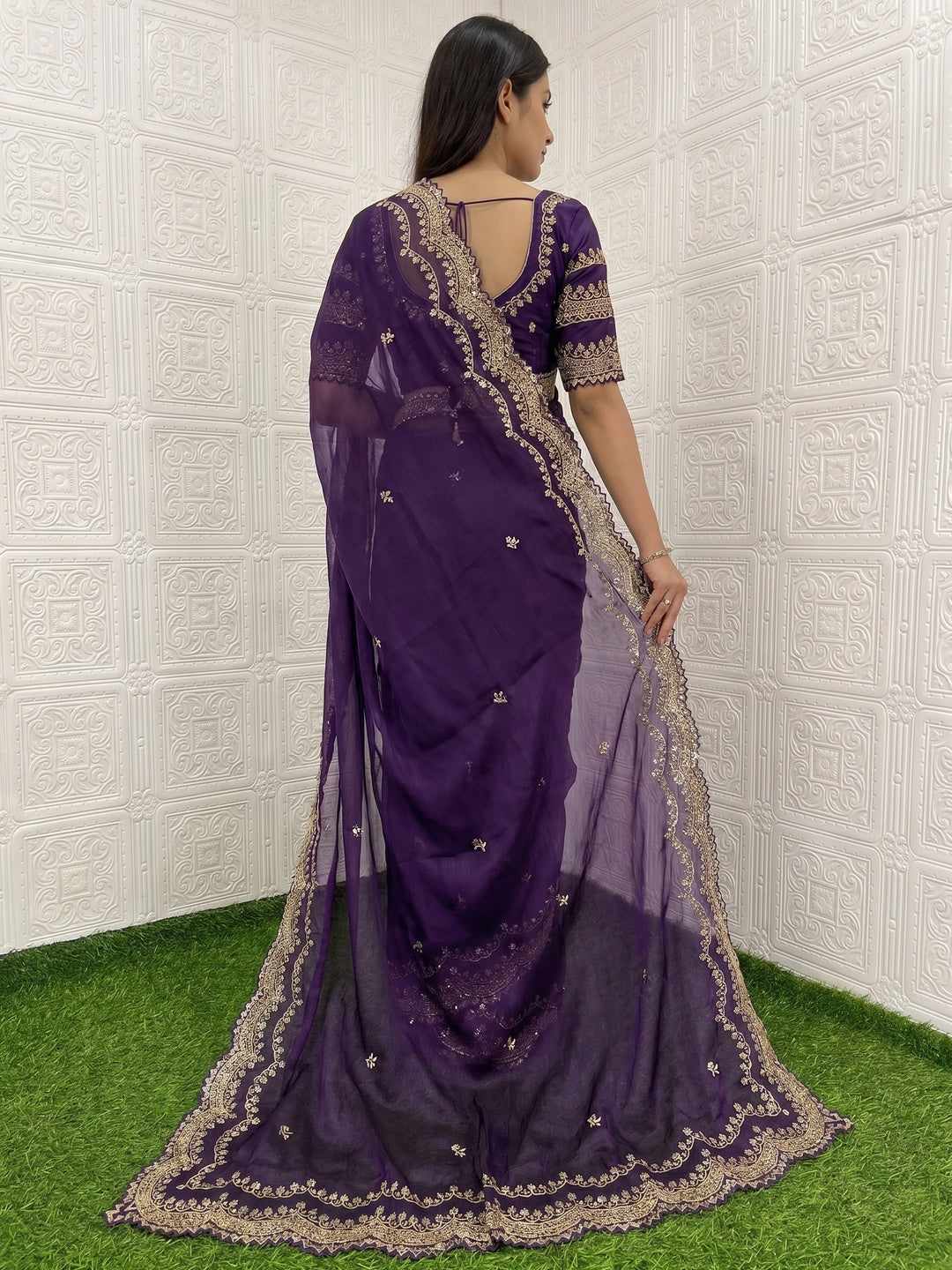 Purple Embroidered Chiffon Saree - Image 3