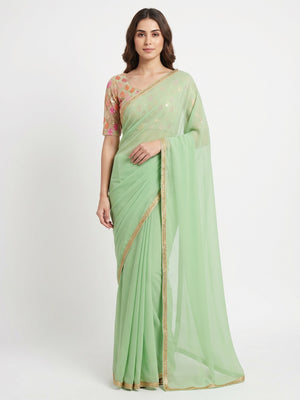 Green Solid Chiffon Saree - Image 1