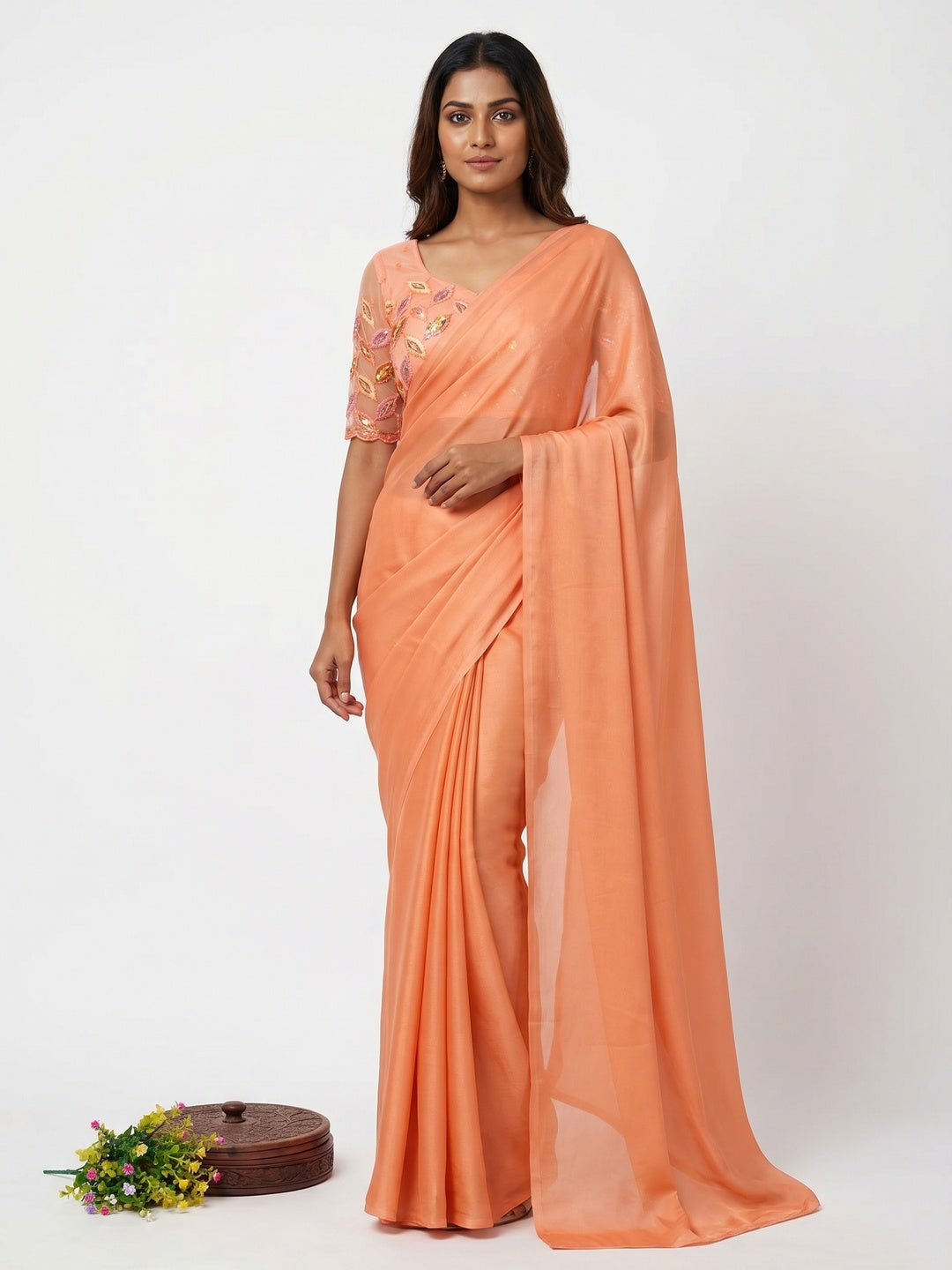Orange Solid Chiffon Saree - Image 1