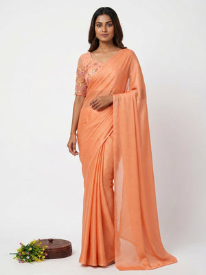 Orange Solid Chiffon Saree - Image 1
