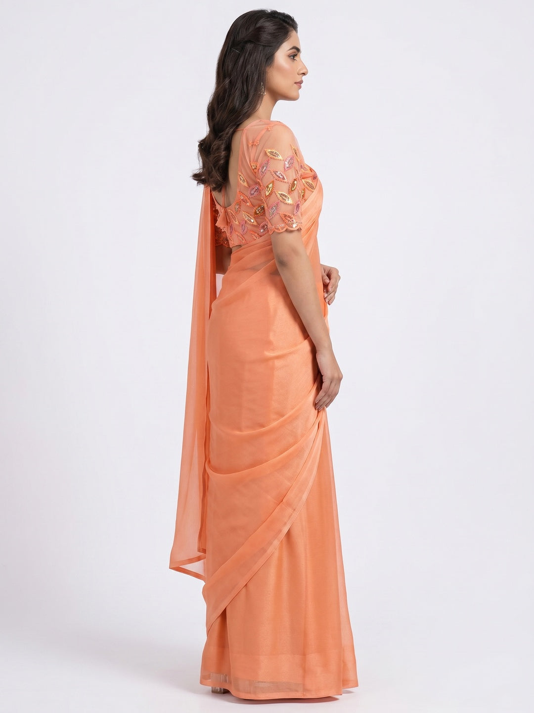 Orange Solid Chiffon Saree - Image 4