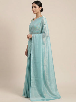 Aqua Blue Solid Chiffon Saree - Image 2