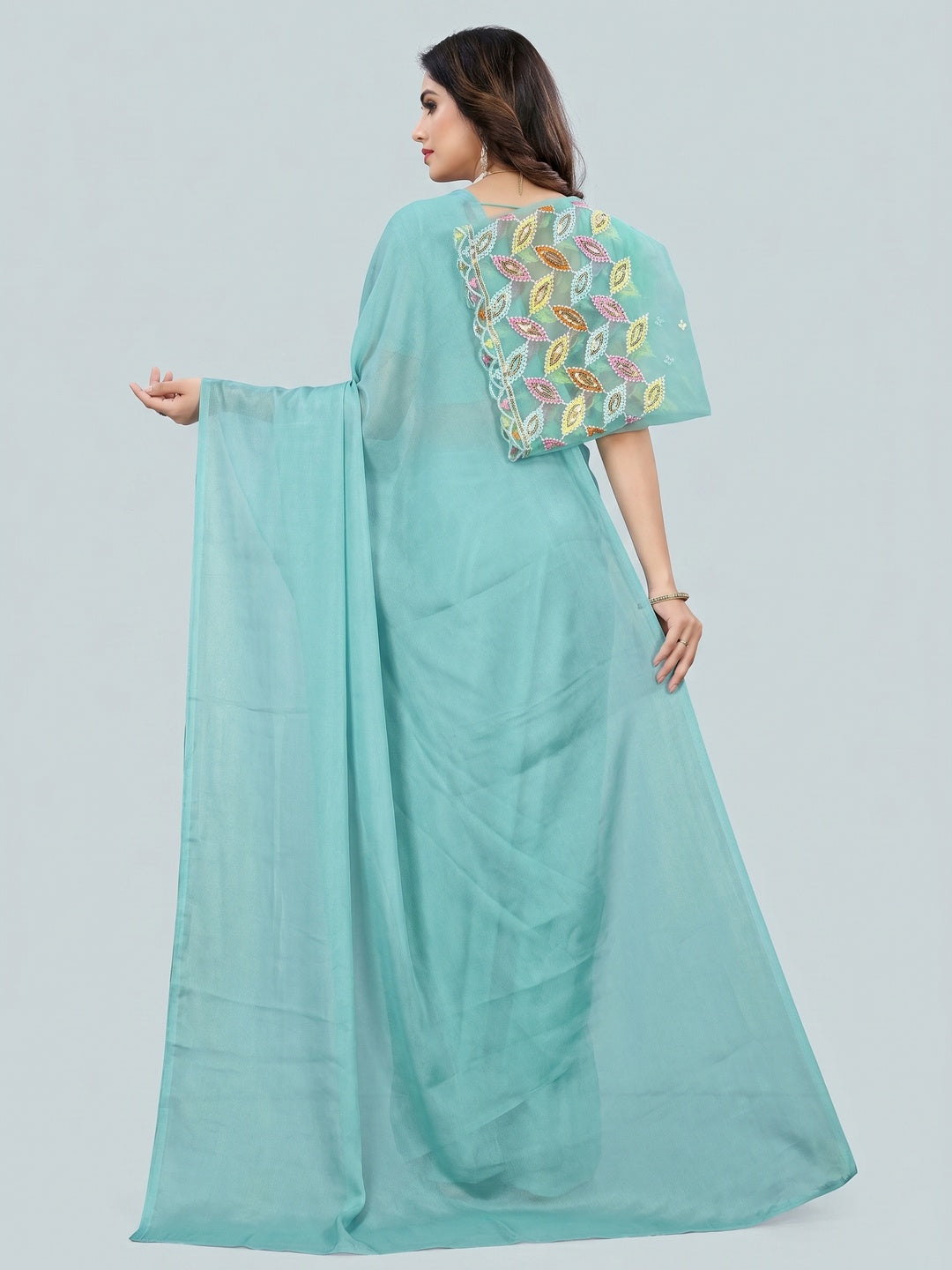 Aqua Blue Solid Chiffon Saree - Image 4