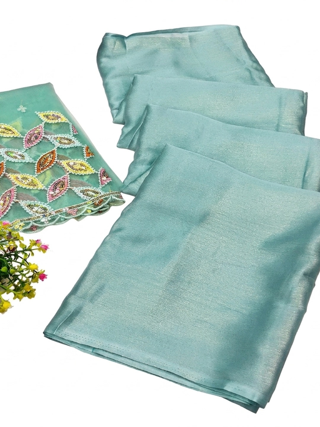Aqua Blue Solid Chiffon Saree - Image 3