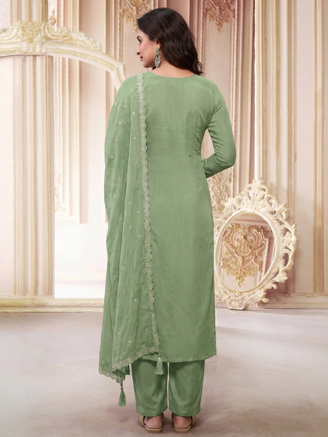 Green Embroidered With Diamond Work Chinon Silk Semi Stitched Suit - Image 1
