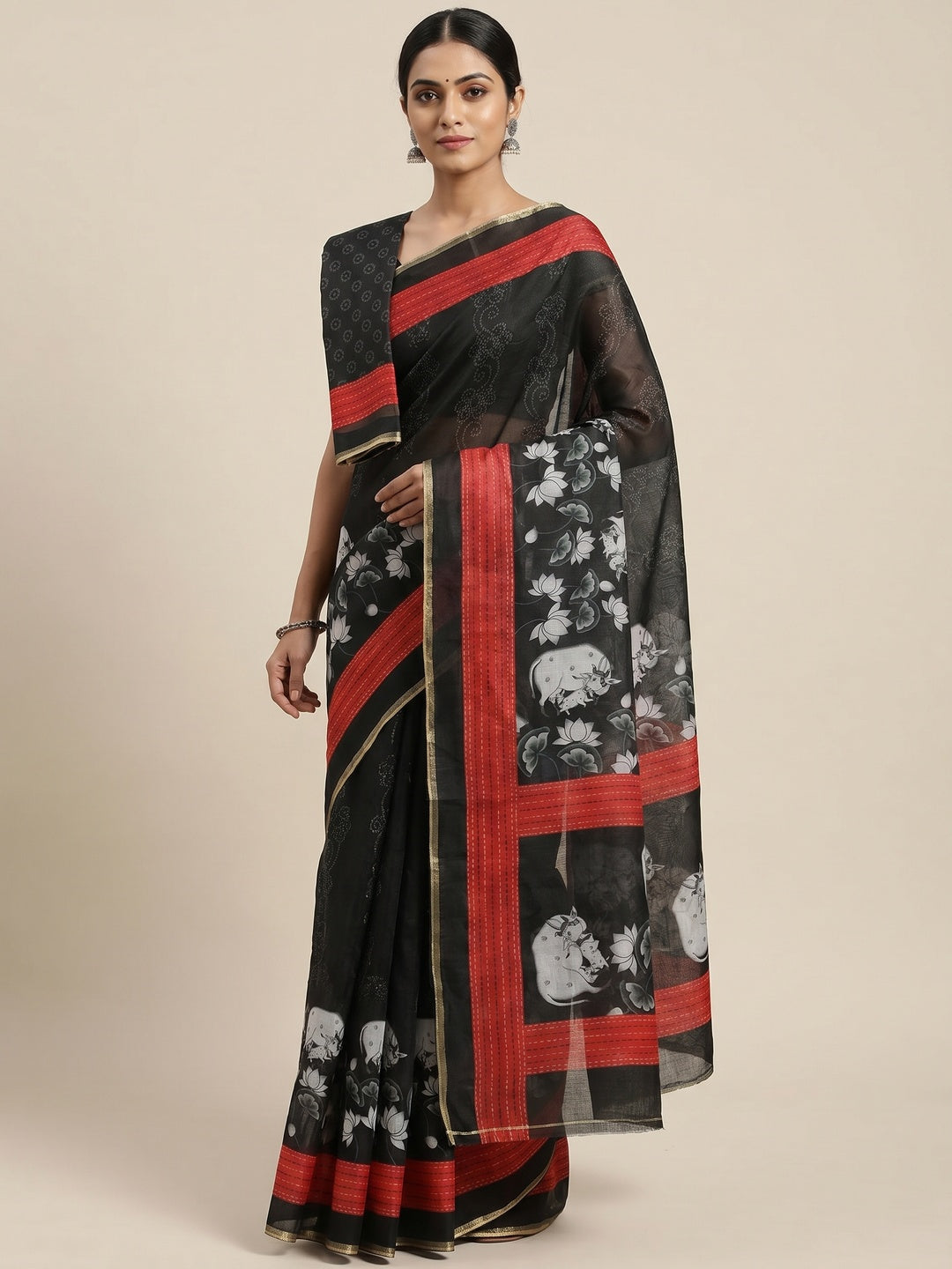 Black & Red Printed Chanderi Saree - Image 1