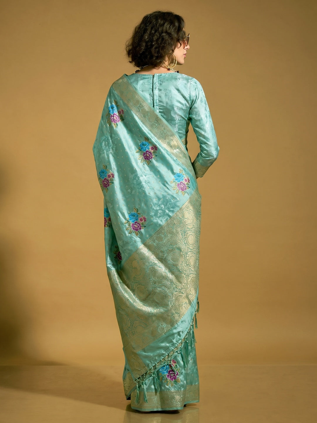 Light Turquoise Floral Woven Satin Saree With Tassels - Image 1