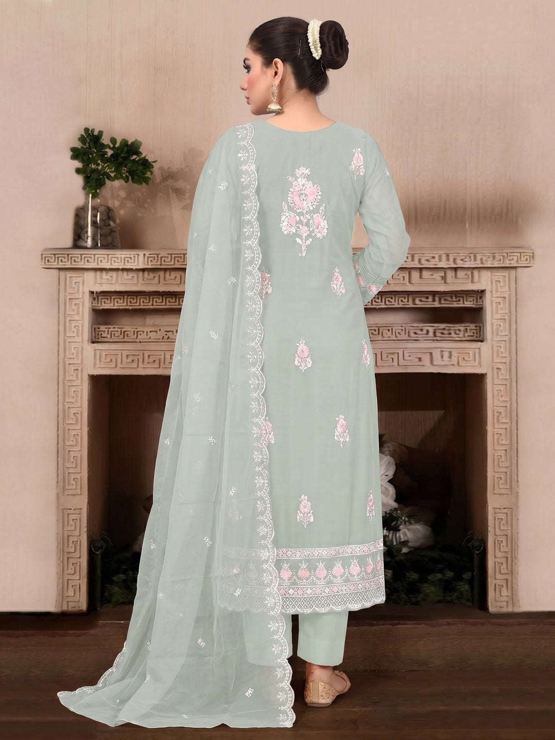 Sea Green Floral Hand Embroidered Georgette Semi Stitched Pakistani Suit - Image 1