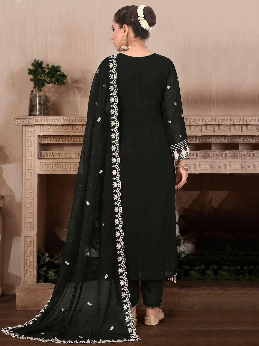 Black Floral Hand Embroidered Georgette Semi Stitched Pakistani Suit - Image 1