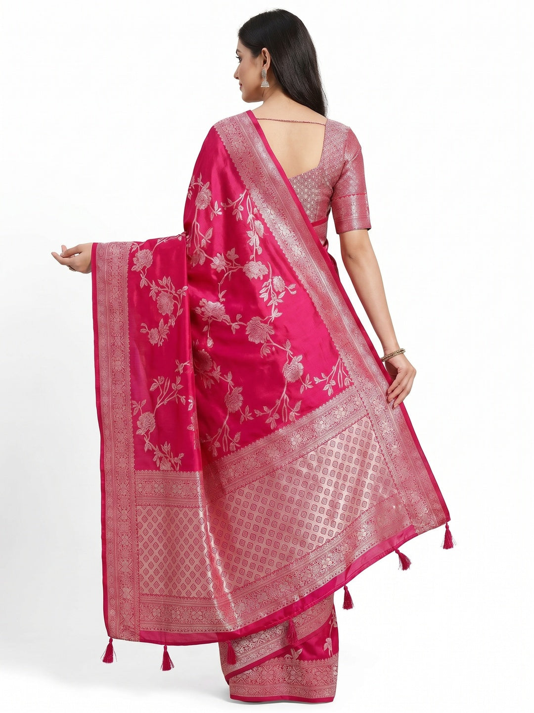 Rani Pink Floral Woven Dola Silk Saree With Tassels - Image 3