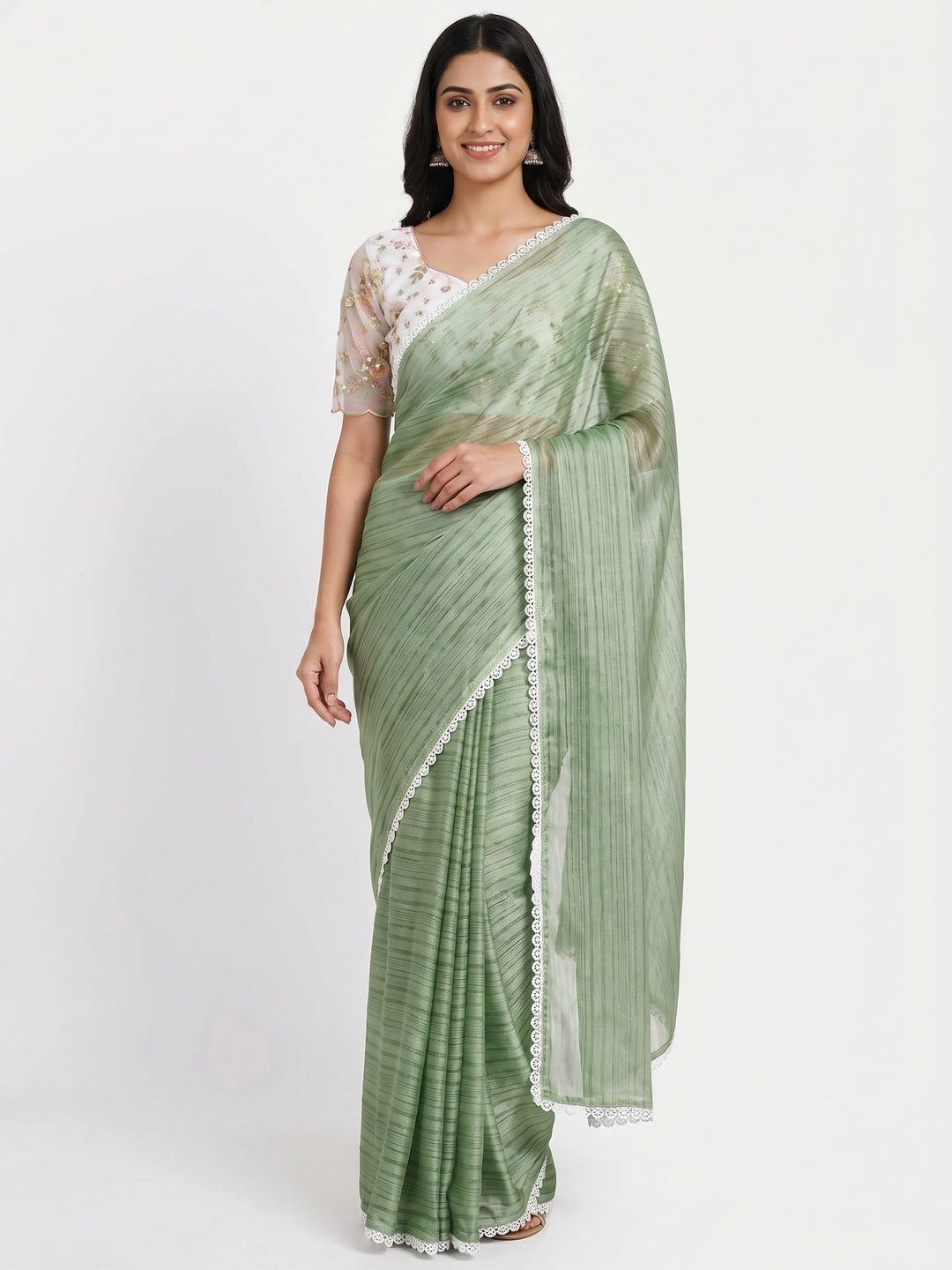 Green Solid Woven Chiffon Saree With Lace Border - Image 1