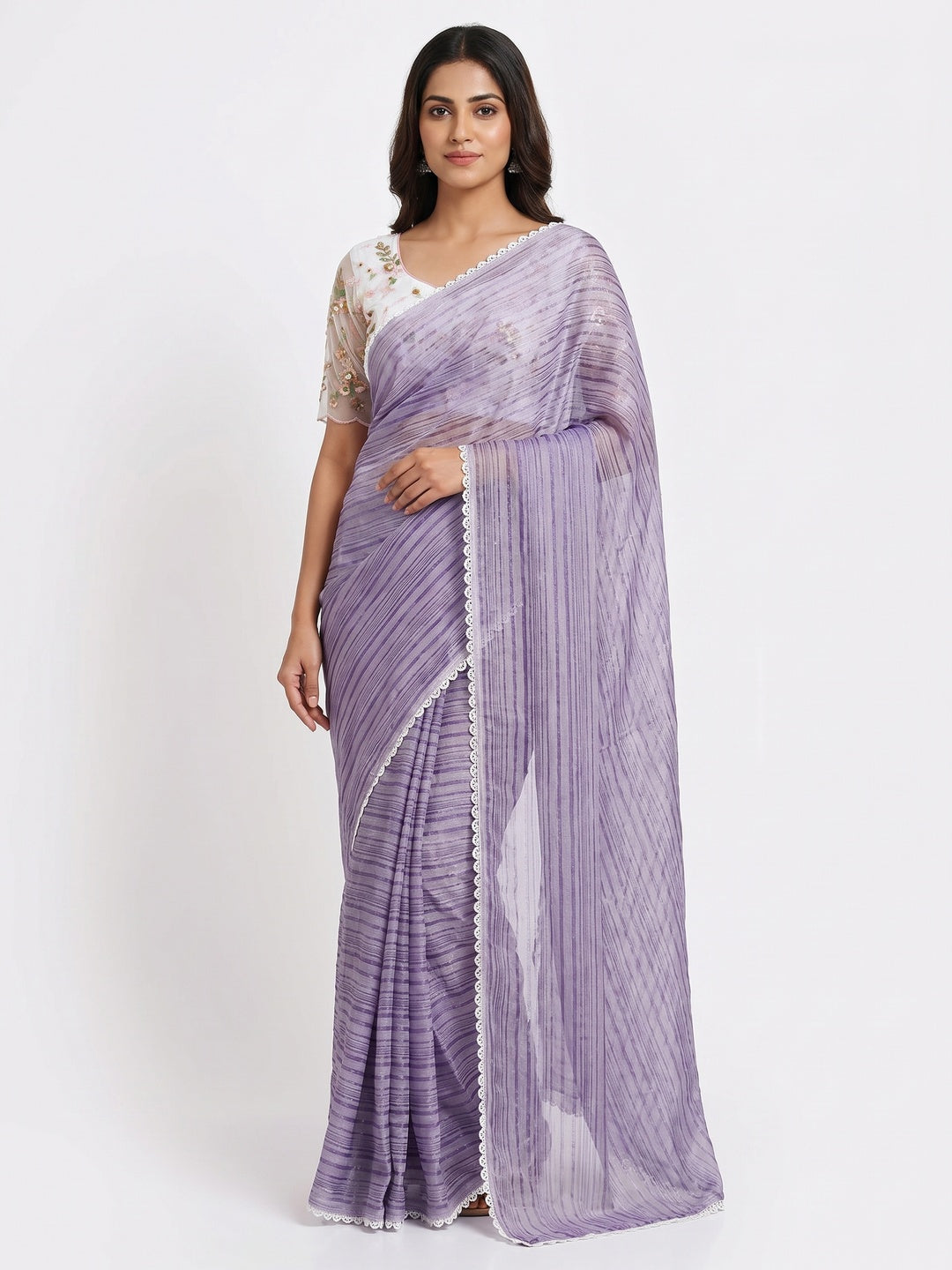 Lavender Solid Woven Chiffon Saree With Lace Border - Image 1