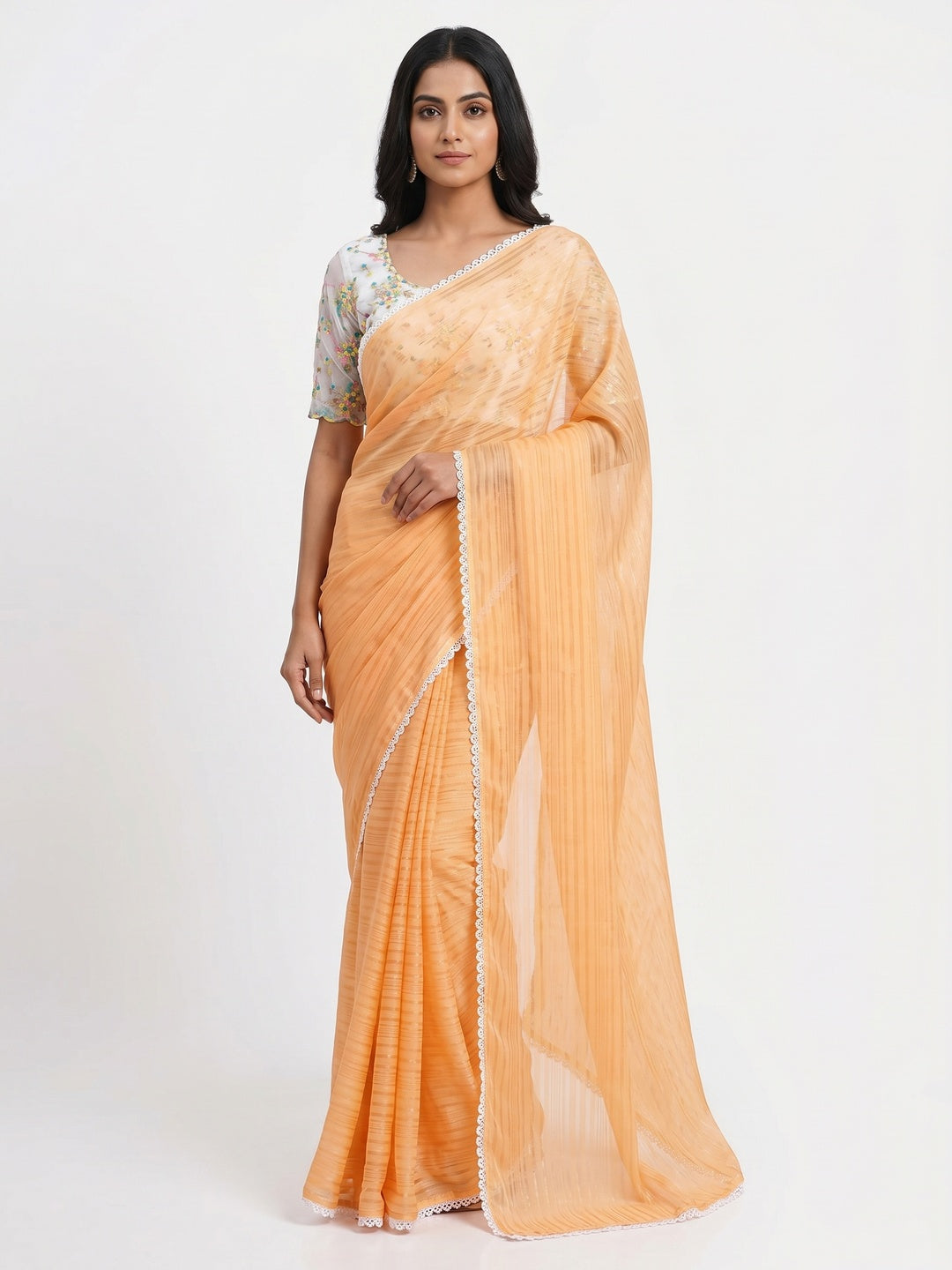 Orange Solid Woven Chiffon Saree With Lace Border - Image 1