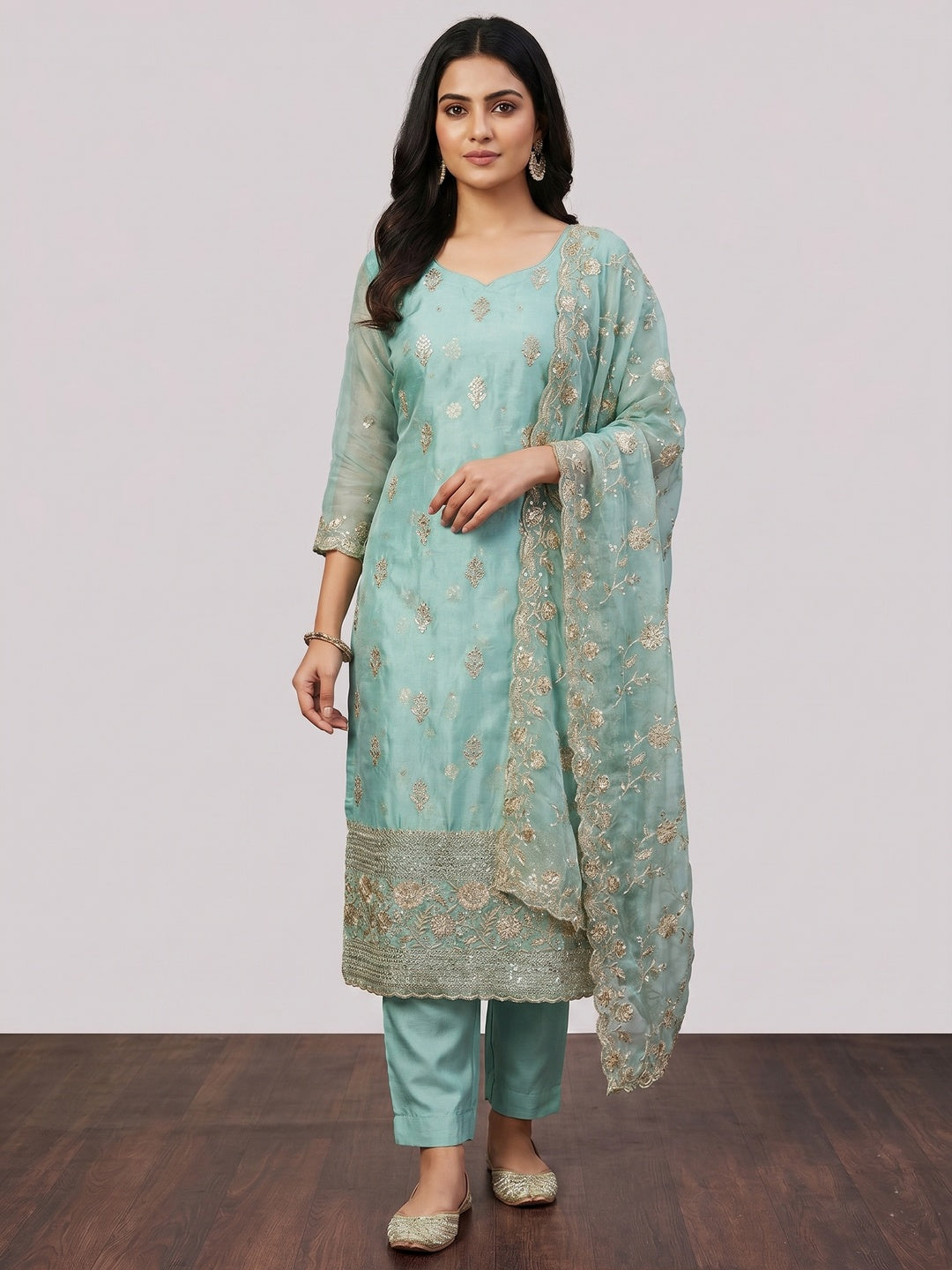Turquoise Floral Sequins Embroidered With Stonework Organza Dress Material - Image 1