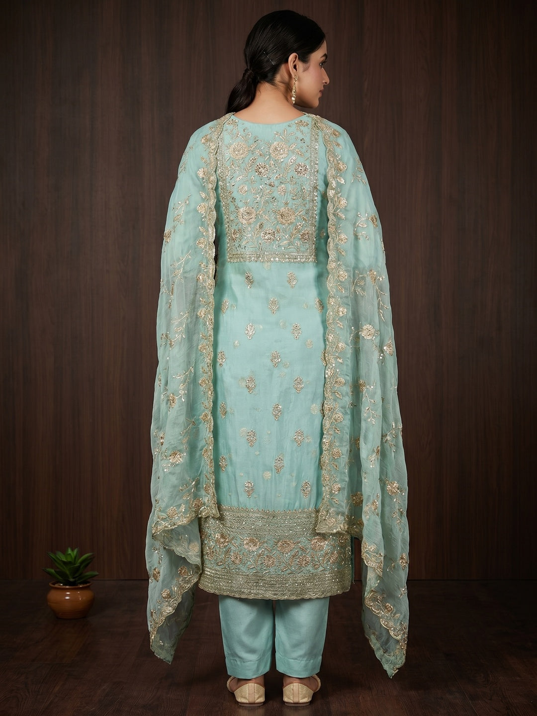 Turquoise Floral Sequins Embroidered With Stonework Organza Dress Material - Image 3