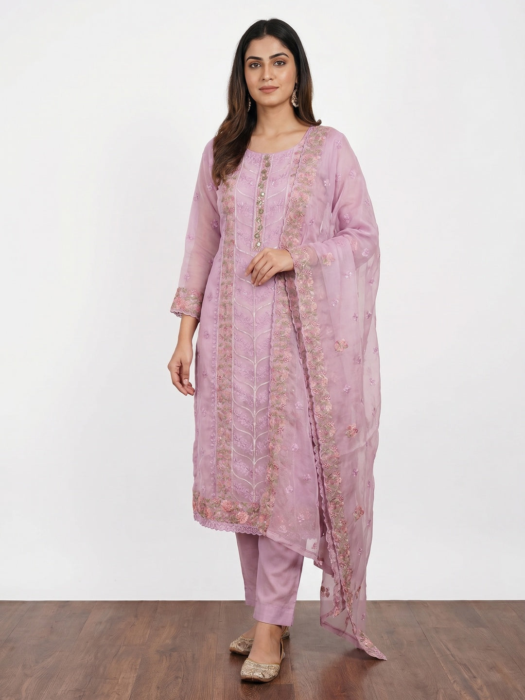 Light Purple Floral Sequins Embroidered Organza Dress Material - Image 1