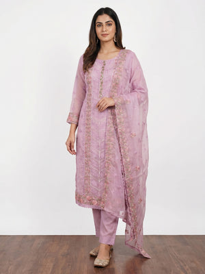 Light Purple Floral Sequins Embroidered Organza Dress Material - Image 1