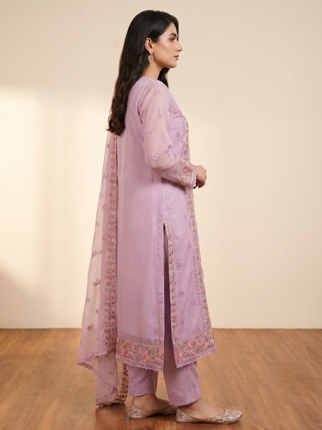 Light Purple Floral Sequins Embroidered Organza Dress Material - Image 3