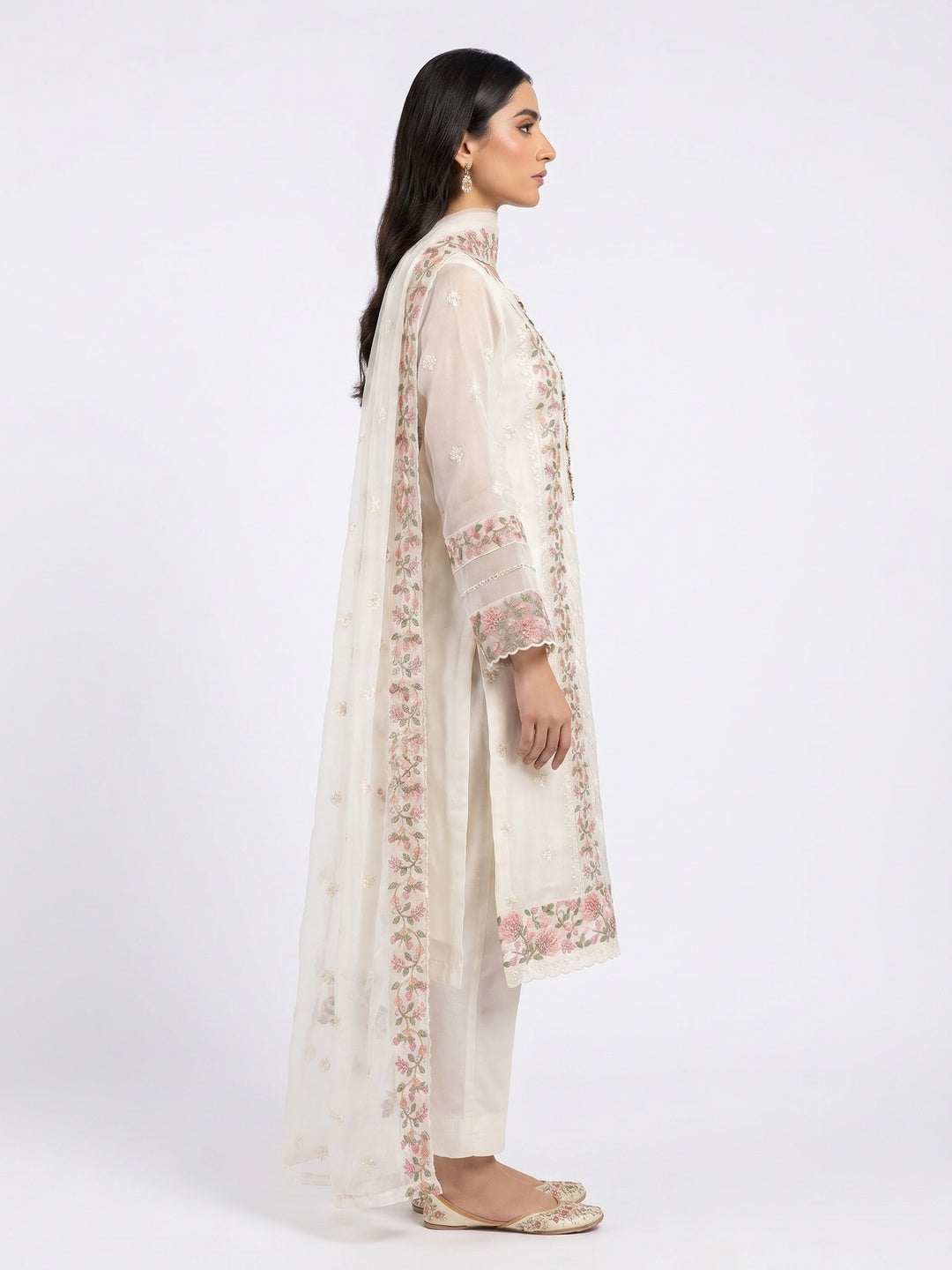 Offwhite Floral Sequins Embroidered Organza Dress Material - Image 3