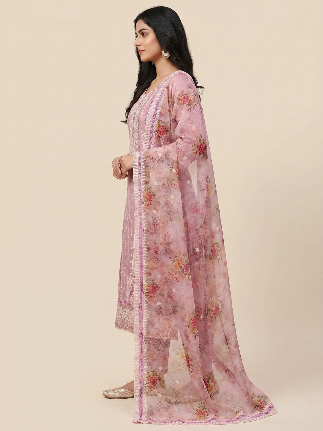 Pink Floral Hand Embroidered Organza Dress Material - Image 2