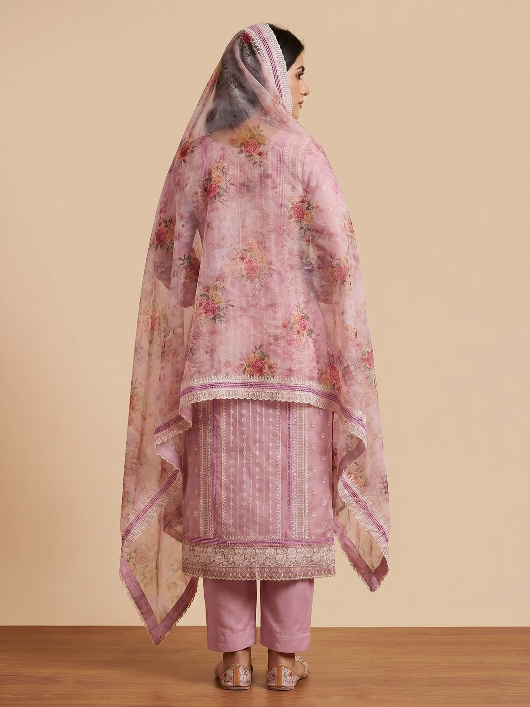 Pink Floral Hand Embroidered Organza Dress Material - Image 3