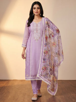Elegant Purple Organza Unstitched Dress Material with Floral Dupatta - Image 1
