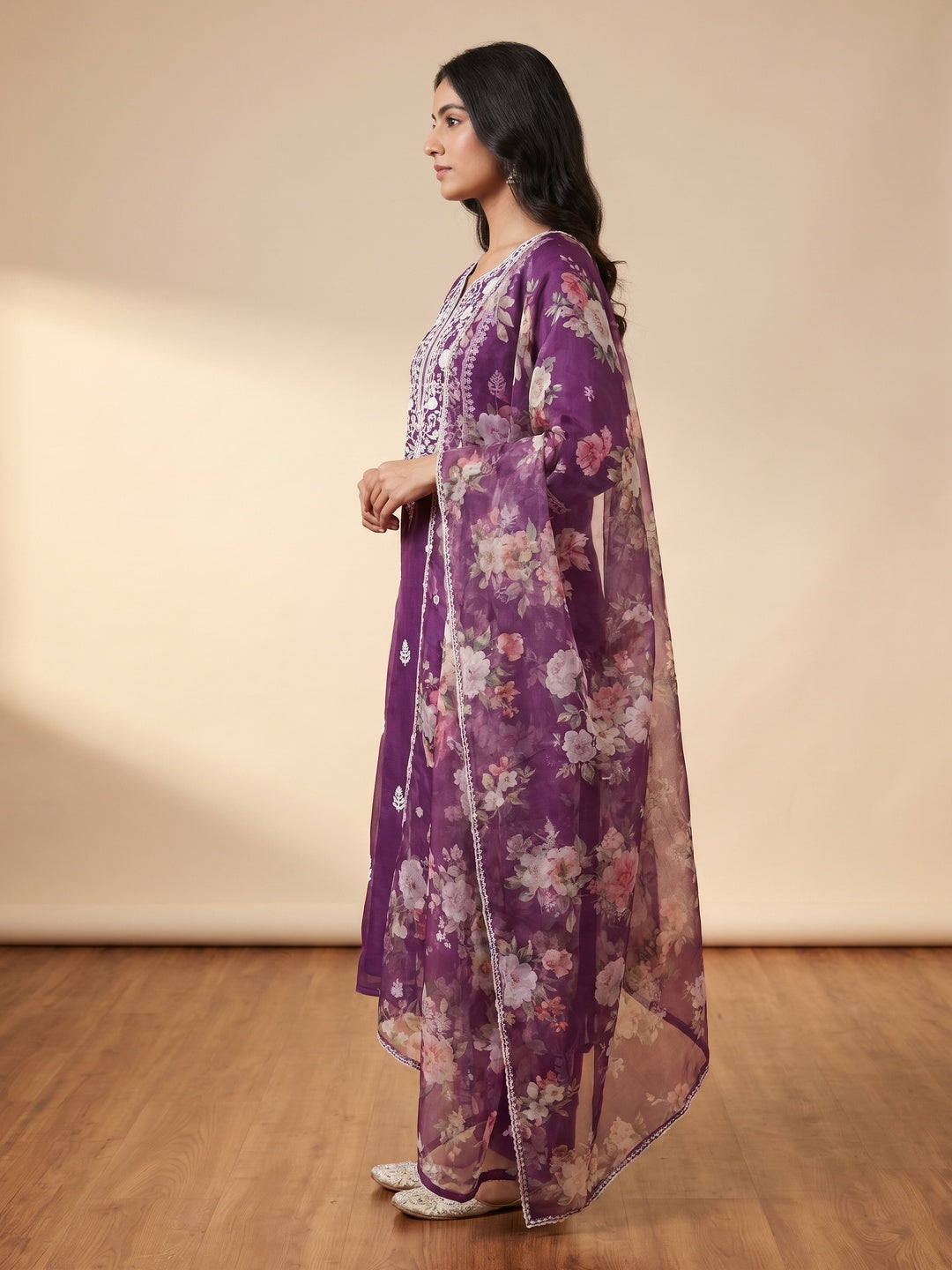 Elegant Purple Organza Unstitched Dress Material with Floral Dupatta - Image 3