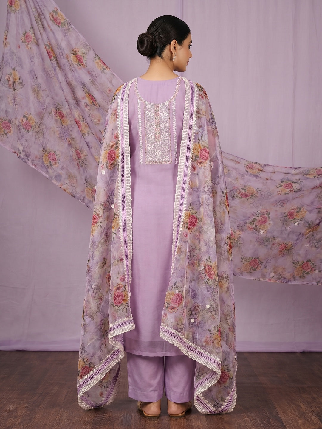 Elegant Purple Organza Unstitched Dress Material with Floral Dupatta - Image 2