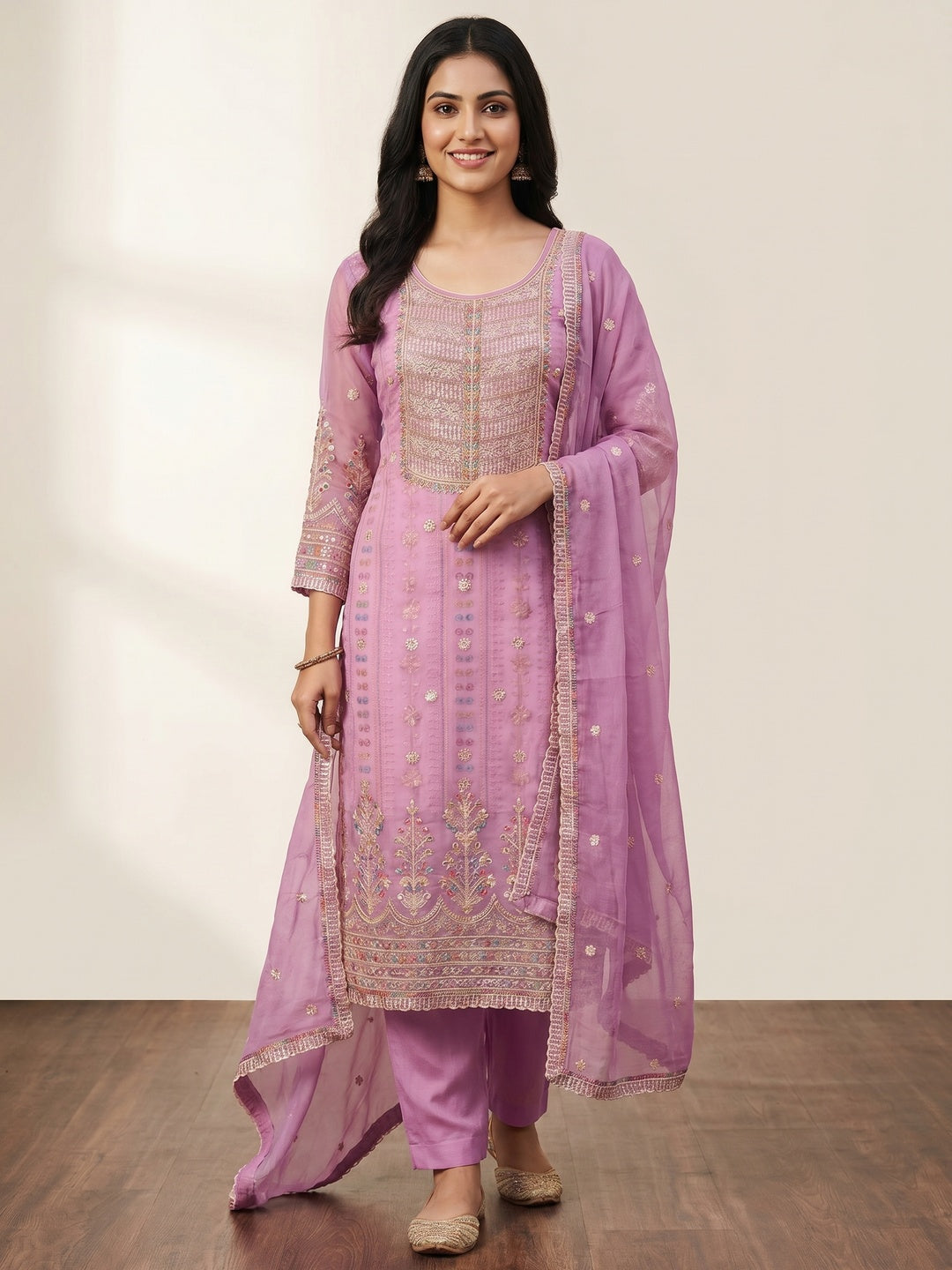 Purple Floral Sequins With Hand Embroidered Chiffon Dress Material - Image 1