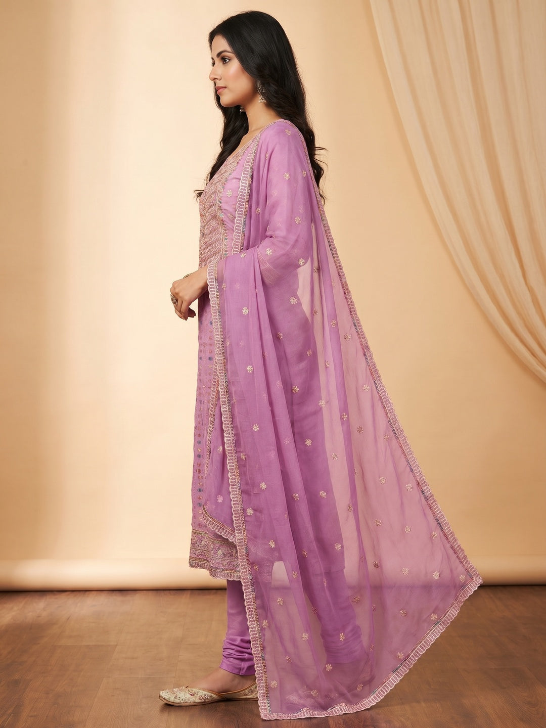 Purple Floral Sequins With Hand Embroidered Chiffon Dress Material - Image 3