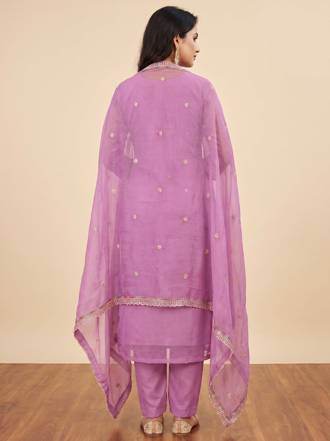 Purple Floral Sequins With Hand Embroidered Chiffon Dress Material - Image 2