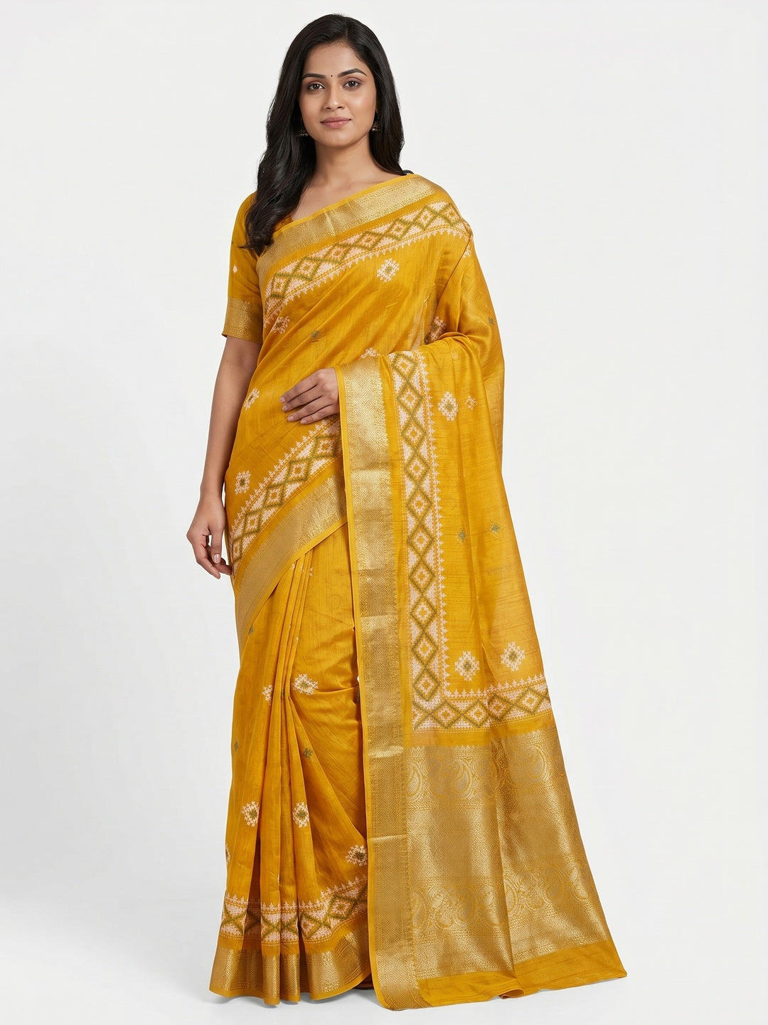 Mustard Printed With Weaving Border Pure Cotton Saree - Image 1