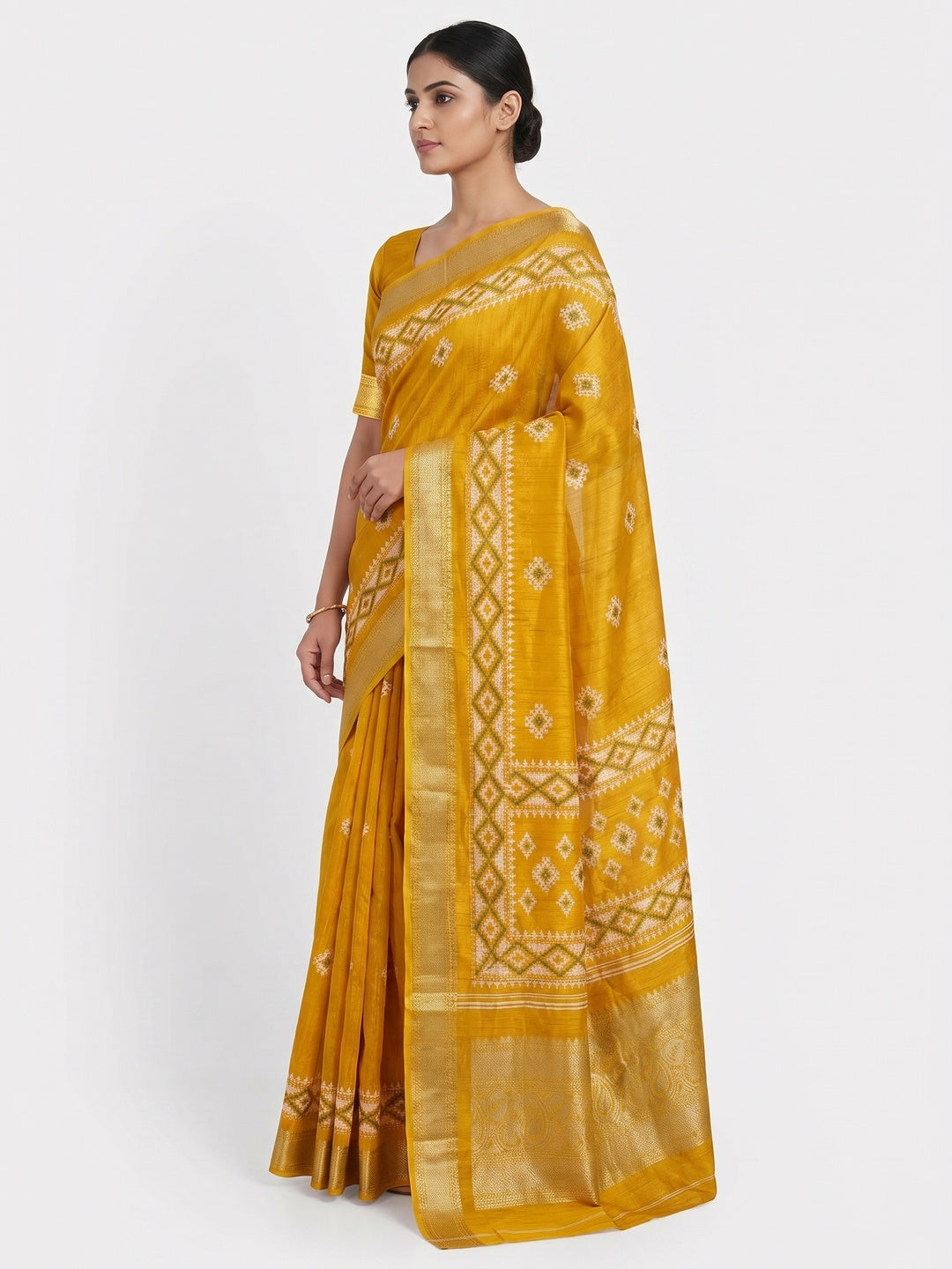 Mustard Printed With Weaving Border Pure Cotton Saree - Image 2