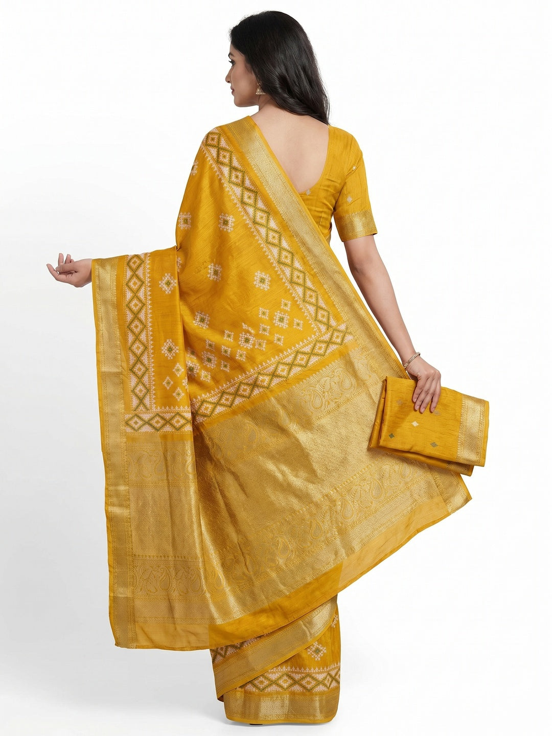 Mustard Printed With Weaving Border Pure Cotton Saree - Image 3