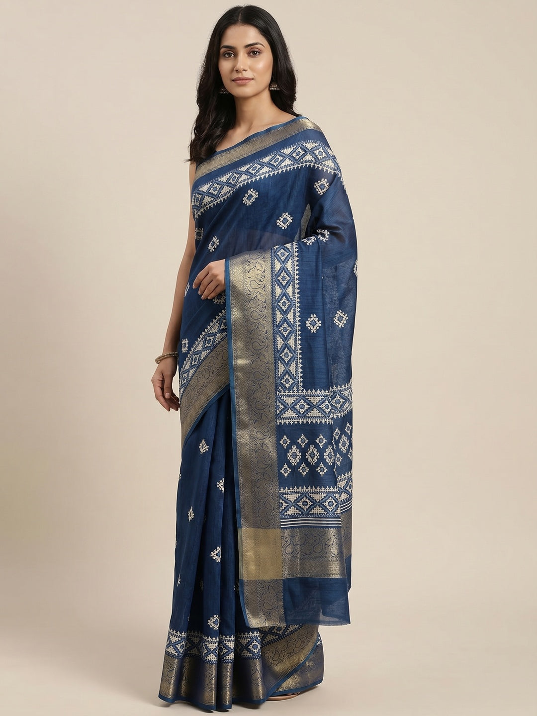 Blue Printed With Weaving Border Pure Cotton Saree - Image 1
