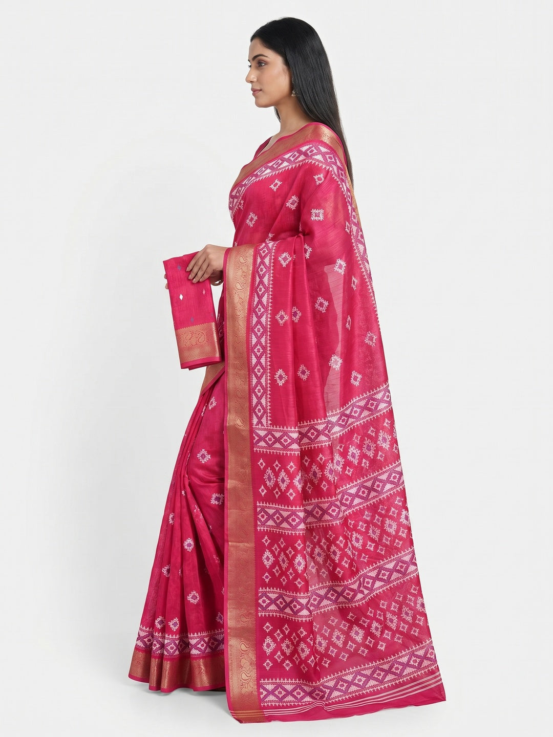 Pink Printed With Weaving Border Pure Cotton Saree - Image 3