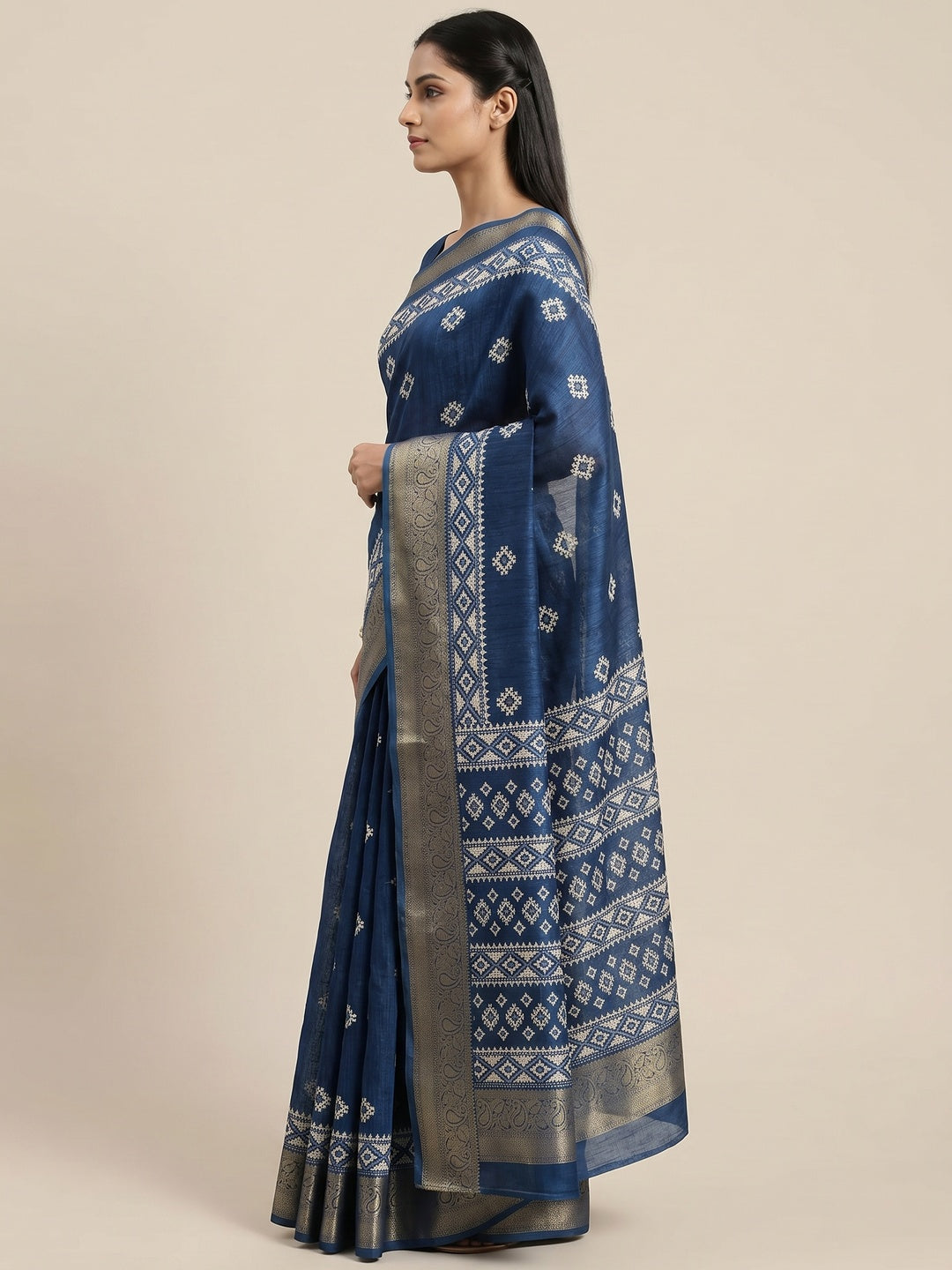 Blue Printed With Weaving Border Pure Cotton Saree - Image 3