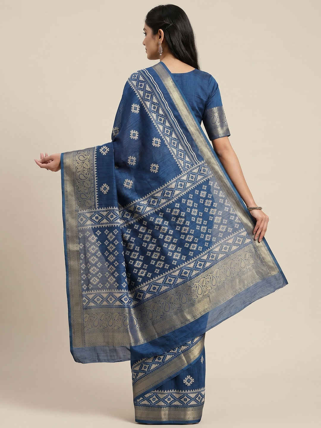 Blue Printed With Weaving Border Pure Cotton Saree - Image 2