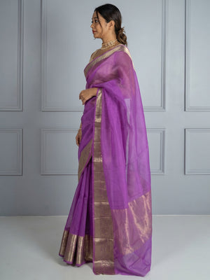 Purple Solid Organza Saree With Zari Border - Image 1